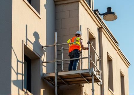 修理中の建物の外壁と足場